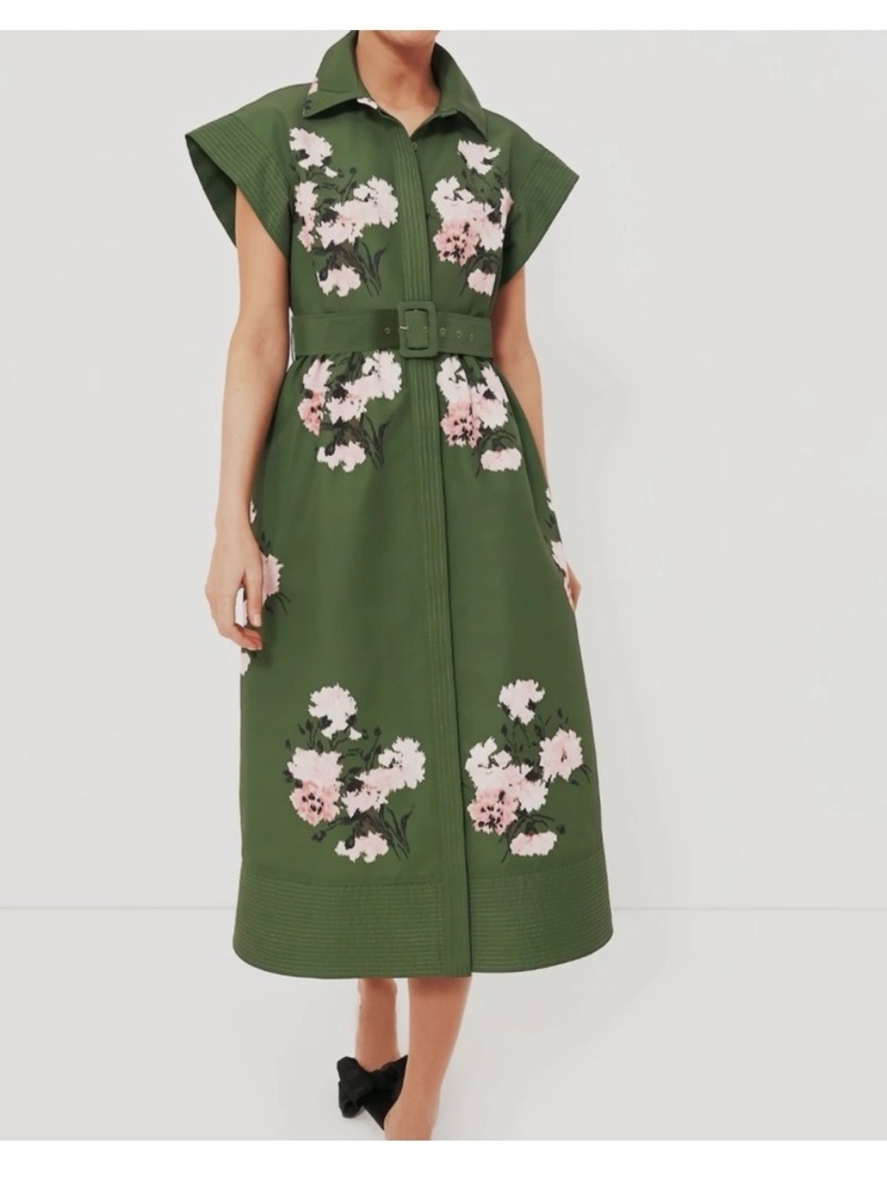 Tuckernuck Chloe Olive Green and Pressed Powder Floral Belted Midi Dress—Sz XXL
